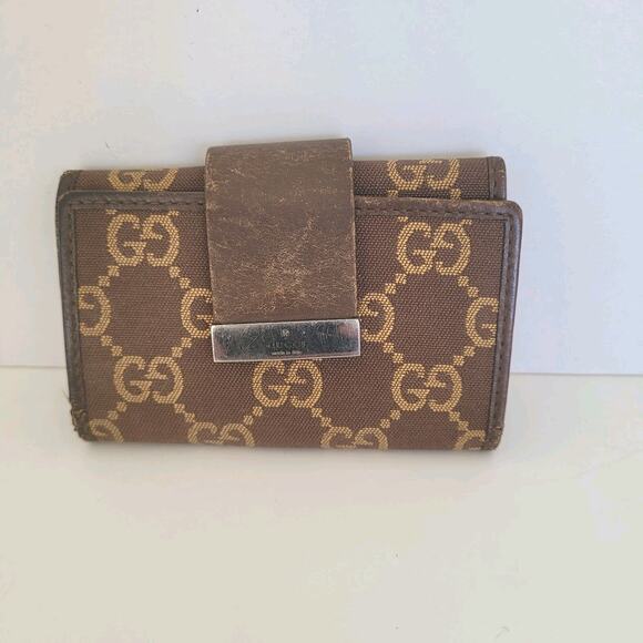 GUCCI GG Logo Plate Key Holder Wallet Case Leather Canvas Small Unisex Brown - Picture 1 of 10
